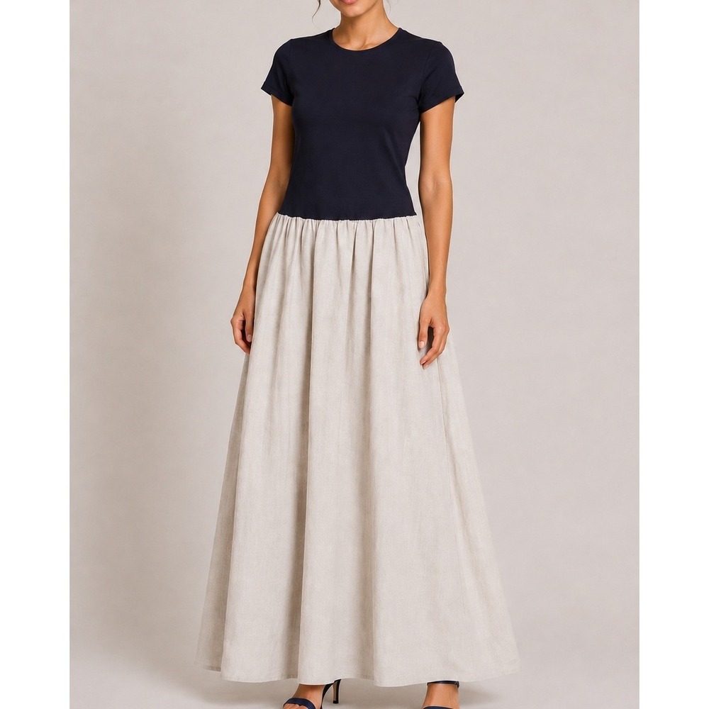 Ciao Lucia Ezio Maxi Dress Navy Blue Sand Cotton Linen Mixed Media Small